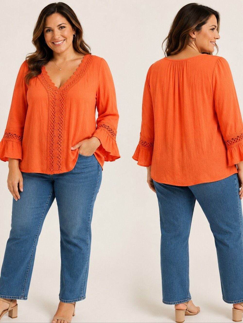Unique Spectrum XL Orange Crochet Lace Bell Sleeve Blouse Boho Cottagecore Coast
